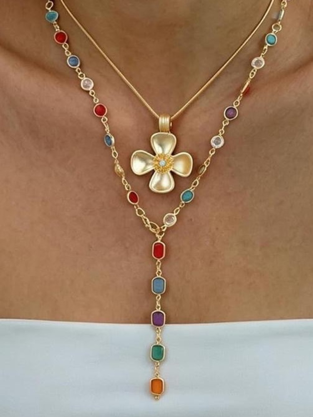 Anthropologie Gold Flower Pendant Necklace with Multi-Color Gem Drops - Picture 5 of 6